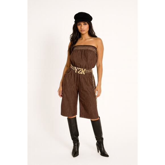 Y2K Strapless Denim Jumpsuit Smocked Wide Leg Boho Capri L Cowgirl Brown Hippie - Picture 1 of 14